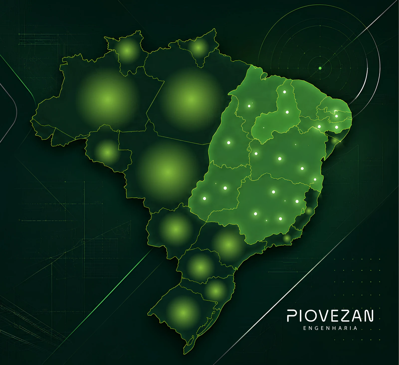 Mapa da abrangência territorial da Piovezan Engenharia — Bahia, Maranhão, Piauí, Tocantins, Goiás e Minas Gerais
